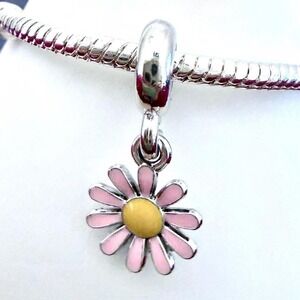 Pandora-like Pink Daisy Flower Silver Bead Charm Fits Snake Chain Bracelet